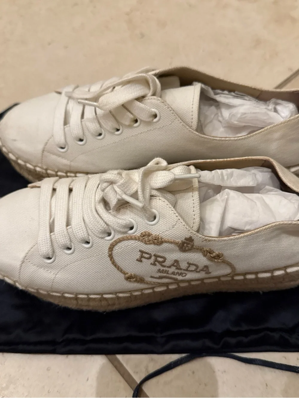 PRADA White Leather Espadrille Platform Sneaker with Jute Sole 38